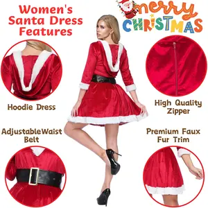 Kadın Santa elbise kırmızı noel elbise takım Polyester yetişkin Xmas giyim kızlar için