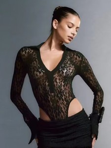 Body Sexy da <span class=keywords><strong>Donna</strong></span> in Pizzo Nero Trasparente, Elasticizzato e Modellante, a Maniche Lunghe con Motivo Floreale - Product Image 3
