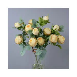 Saldi all'ingrosso 3 teste di fiori artificiali sfuse di seta con bordo bruciato rosa lungo ramo Vintage Rose artificiali fiore da sposa