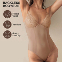Body de mujer sin mangas de color liso, compresión ligera, diseño de encaje, sin espalda, mallas moldeadoras, ropa interior adelgazante para mujer