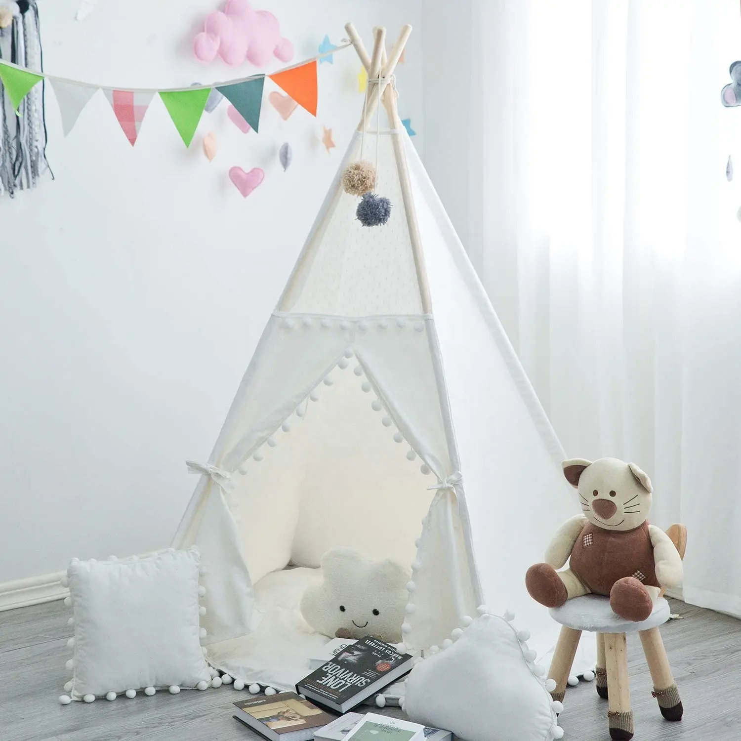 어린이를위한 Teepee 텐트 매트 접이식 놀이 텐트 캐리 가방 Pompom 레이스 코튼 캔버스 플레이 하우스 Tipi