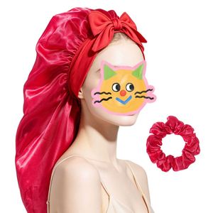 2Pcs Long Satin Bonnets With Elastic Tie Band Silk Scrunchie Ties Large <b>Braid</b> Bonnet Silky Hair Cap for Women Sleeping - Product Image 1