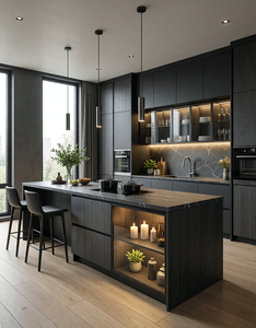 Set Completo di Mobili da Cucina in Melamina Nera Stile Europeo OPPEIN con Isola per Progetti di Villa - Product Image 1