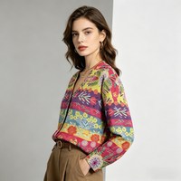Damen Bunter Boho Blumendruck Cardigan Vintage Ethnisches Gestreiftes Muster Strickjacke mit Knöpfen Vorne Langarm Modischer Pullover