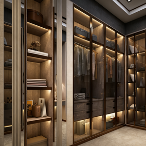 BALOM Customized Solid Wood Walk-in Closet <b>Wardrobe</b> with LED Lights & Black Tea Glass <b>Door</b> Bedroom Furniture Ardrobe Best Price - Product Image 2