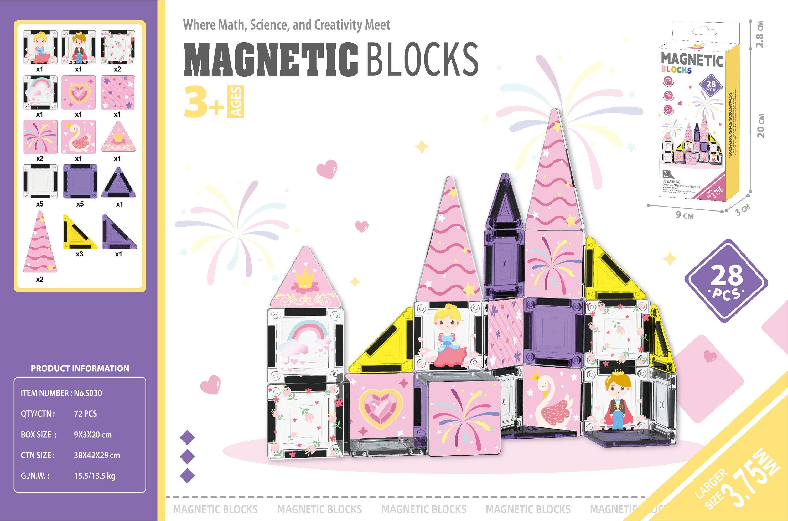S030--3,75 cm Tuiles Magnétiques Château de Princesse Ensemble 28 Pièces