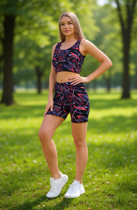 TC372 Completo Sportivo da Donna 2 Pezzi con Pantaloncini, Stampa Geometrica, Traspirante, in Spandex e Poliestere, Sopra il Ginocchio, Vestibilità Regolare, Primavera Estate - Product Image 2