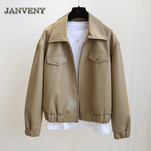 JANVENY-abrigo de cuero suave suelto para <span class=keywords><strong>mujer</strong></span>, <span class=keywords><strong>chaqueta</strong></span> de béisbol de cuero sintético con solapa de manga larga y bolsillos grandes, primavera y otoño, 2023 - Product Image 3