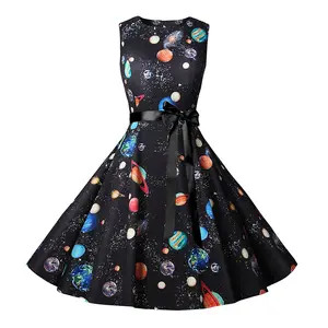 Allover Print ärmelloses Print Kleid für Frauen Sommer Himmel Muster gedruckt Vintage Swing Kleid mit Gürtel
