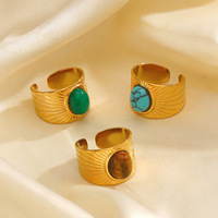 Bijoux de mode européens et américains style Instagram en acier inoxydable avec pierres naturelles turquoise/œil de tigre/jade malais incrustées, géométriques et larges