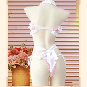 Conjunto de lencería rosa con encaje para mujer, estilo linda y femenina, de 2 piezas, suave, de viscosa, sin mangas, uniforme para juegos de rol. - Product Image 3