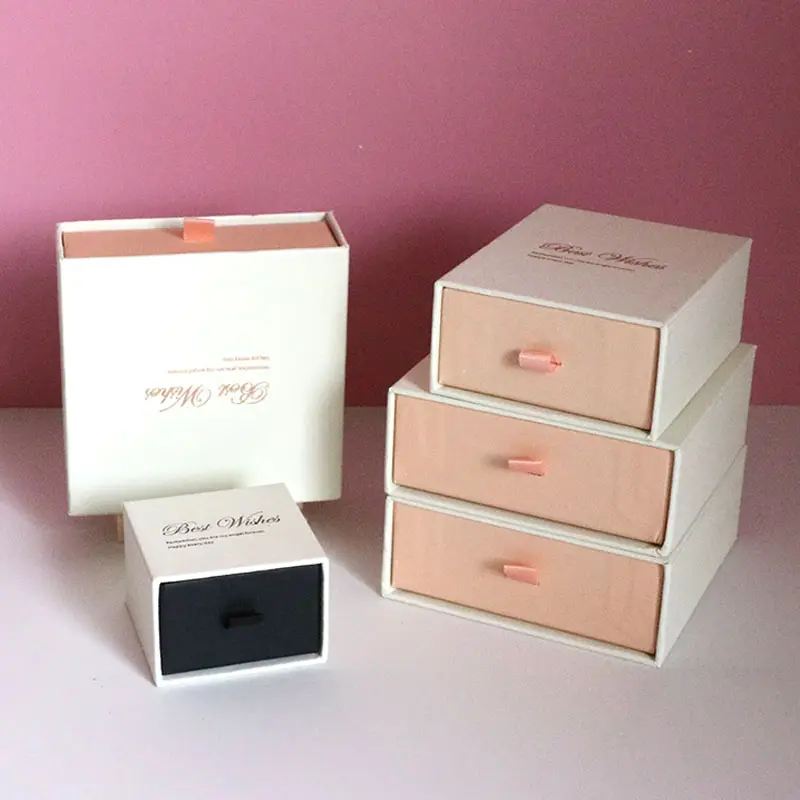 Embalaje de joyería con logotipo personalizado, cajas de cajón deslizante, anillo, pendiente, collar, pulsera, papel de cartón rosa, caja de joyería de diseño gratis