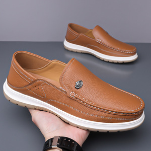 Chaussures bateau en cuir souple pour hommes, à enfiler, à talon bas, décontractées, pour la conduite, couleur unie blanc cassé, épaisseur standard, taille adulte - Product Image 2