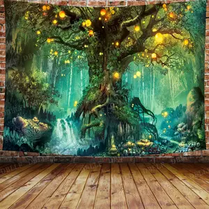 Fantasy Mushroom Forest Unicorn Castle Fairytale Trippy Colorful Butterfly Elves Wall Hanging Tapestry