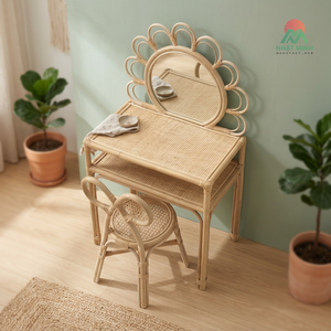 Rattan <b>Dressing</b> <b>Table</b> <b>With</b> Flip Top Mirror And <b>Storage</b> Shelf Tropical Style Bedroom Furniture Set - Product Image 3