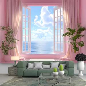 Encantador verano Tropical flor tapiz ventana vista escénica cielo azul y nubes blancas océano mar pared colgante naturaleza en Stock - Product Image 1