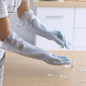 Guantes de limpieza para el hogar de PVC, 42 cm de largo, impermeables, gruesos, con diseño de margaritas, para lavar platos y ropa en la cocina - Product Image 5