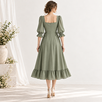 Robe midi personnalisée pour femme, légère, en tissu, col cœur, manches bouffantes, poignets froncés, liens latéraux, ourlet à volants, coupe trapèze
