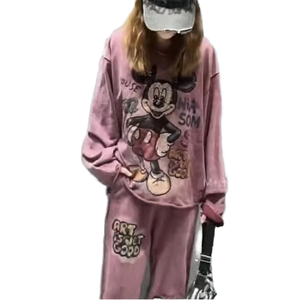 T-shirt mode en coton pour femmes avec short long au genou Tenue quotidienne confortable avec un design doublé pour la saison de printemps B0339 Cartoon Print - Product Image 4