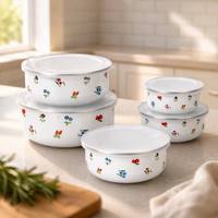 Lot de 5 bols de mélange en émail avec couvercle, personnalisables avec logo, écologiques, pour conservation alimentaire au réfrigérateur et camping