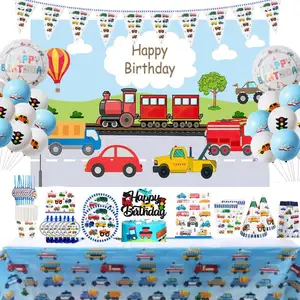 교통 생일 파티 용품 교통 테마 배너 접시 어린이 파티 장식용 냅킨 식기 세트