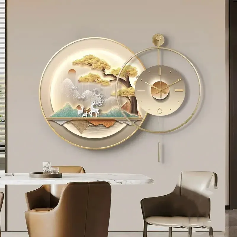 ホームクリエイティブクリスタル磁器装飾絵画壁掛け時計ムースリビングルーム背景壁掛け時計と絵画アート