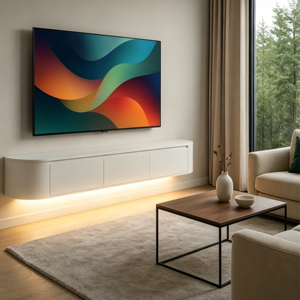 Mueble de <span class=keywords><strong>TV</strong></span> Japandi Blanco Mate de Pared Directo de Fábrica con Tira de Luz LED en la Parte Inferior y Luz LED Cálida - Product Image 1