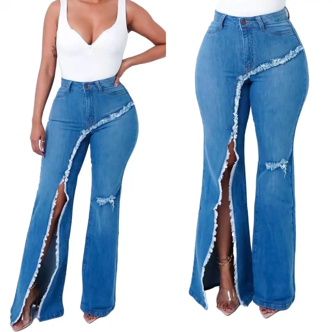 2022 factory logo custom new fashion hot selling women mid-waist jeans slim wide leg denim bell bottoms with holes