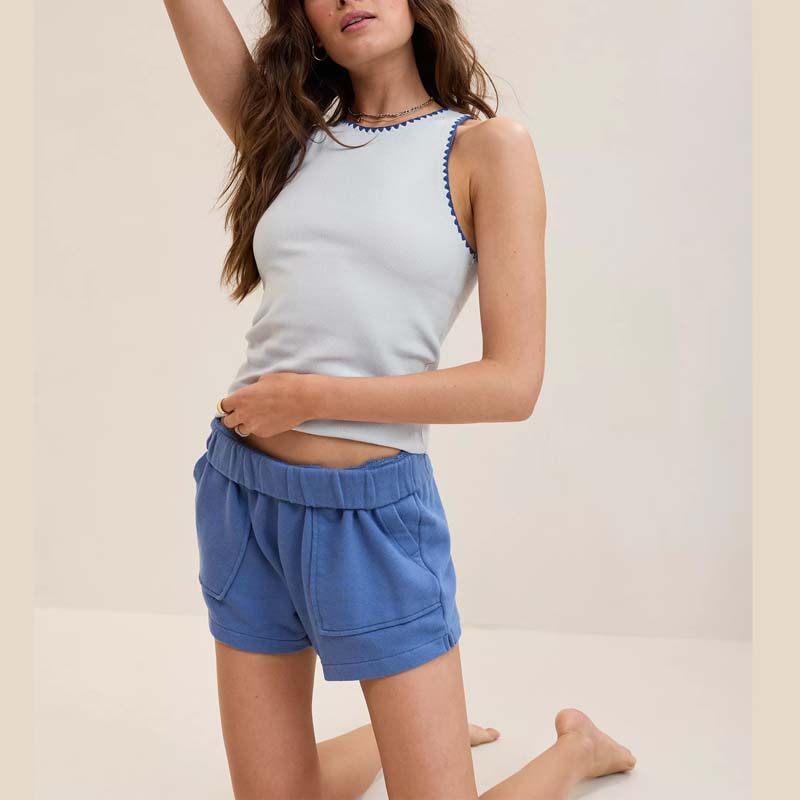 OEM Women's Leisure Wear Cotton Blend Tank Ribbed Top High Round Neck Sleeveless Contrast Binding Slim Fitted Yoga Workout Vest