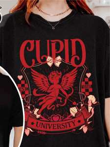 T-shirt da donna taglie forti Cupid University a maniche corte girocollo rosso e nero con grafica di San Valentino, abbigliamento casual primaverile - Product Image 3