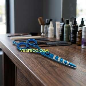Stainless Steel Blue Titanium Coated Digital Stripes Barber Laser Scissor - Product Image 2