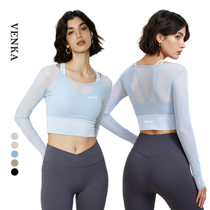 Da <span class=keywords><strong>donna</strong></span> 2 in 1 per il Fitness indossa camicie attillate a coppetta fisse in Mesh traspirante con reggiseno sportivo a <span class=keywords><strong>manica</strong></span> <span class=keywords><strong>lunga</strong></span> da <span class=keywords><strong>donna</strong></span> - Product Image 1