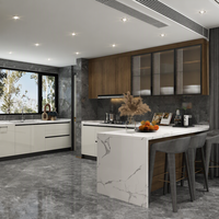 Meubles de cuisine modernes sur mesure avec finition blanc et grain de bois, portes en verre cannelé et bar à petit-déjeuner pour projets de villas