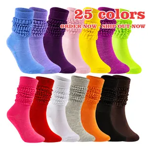 YIYI venta al por mayor primavera Yoga Fitness granel colorido bordado logotipo personalizado Scrunch calcetines de punto grueso largo mujeres calcetines holgados