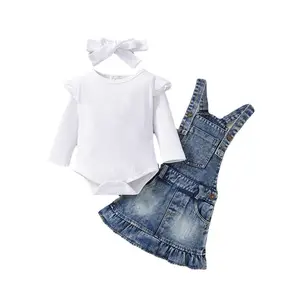 2023 Autumn girls clothing kids long sleeved romper+strap denim skirt outfits set children wear wholesale