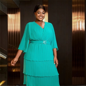 Eleganti Abiti Estivi da Chiesa per Donne, Casual Chic con <span class=keywords><strong>Maniche</strong></span> a Campana, Scollo a V, <span class=keywords><strong>3</strong></span> Strati Plissettati, Vestito in Chiffon per Feste - Product Image 2