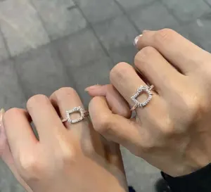 Korean Fashion Jewelry Copper Silver Plated Zircon Diamond Cute Cat Hello Kitty Opening Adjustable Couple Ring For Women Men