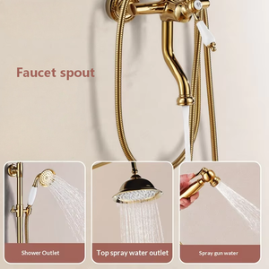 Ensemble <span class=keywords><strong>de</strong></span> <span class=keywords><strong>douche</strong></span> mural réglable en laiton doré, style français, luxe léger, mitigeur chaud/froid, effet pluie rétro, avec <span class=keywords><strong>barre</strong></span> coulissante, garantie 3 ans - Product Image 2