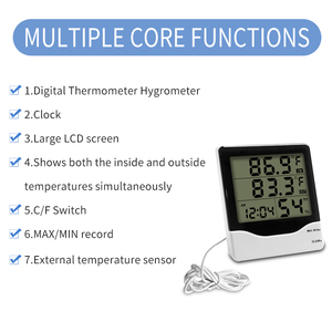 Thermomètre hygromètre numérique à grand écran LCD pour intérieur et extérieur <span class=keywords><strong>avec</strong></span> horloge, mémoire des valeurs maximales et minimales et fil externe - Product Image 5