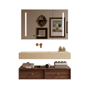 Walnut Wood Grain Bathroom Cabinet Smart <b>Mirror</b> Cabinet LED Monochrome Light Strip Hanging Sink Cabinet Body - Product Image 2
