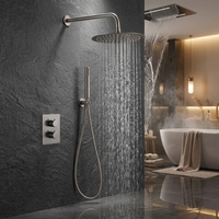Ensembles de douche thermostatiques ronds dorés Pomme de douche à effet de pluie Robinets de salle de bains à haute pression Accessoires d'étagère Combo Robinetterie brute