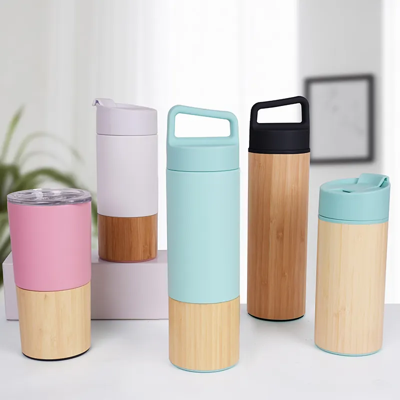 SANS BPA promotionnel design bambou thermos en acier tasses tasses à café de voyage gobelet personnalisé bouteille d'eau en bambou