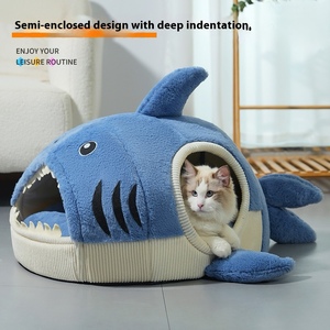 Lindo tiburón gato agujero cama cuatro estaciones engrosada invierno cálido nido extraíble mascota suministro accesorio hecho fieltro Animal animales pequeños - Product Image 2