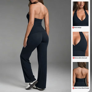 Set <span class=keywords><strong>da</strong></span> Allenamento Personalizzato per Donna, <span class=keywords><strong>Pantaloni</strong></span> a Gamba Larga ad Alta Elasticità e Asciugatura Rapida, Top con Scollo a V Profondo, Leggero, per Palestra e Yoga - Product Image 2