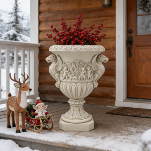 Vaso Urna in Resina con Griffone e Cherubino - Finitura Effetto Pietra, Stile Rinascimentale per Esposizioni in Cabine Rustiche e Patii di Montagna - Product Image 2
