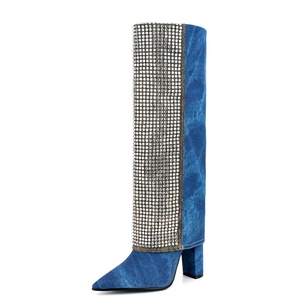Denim Diamonds Patchwork Overlay Booties Women's Shiny Rhinestone Knee High <b>Boots</b> Blue High Chunky Heel Shoes Large Size 45 - Product Image 2