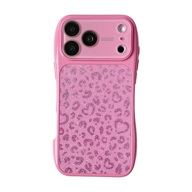 Luxury Glitter Heart Leopard Print Phone Case for iPhone 17 Pro Max 16 13 Y2K Bling Pink 3D Wave Edge Integrated Lens Film