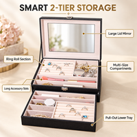 Boîte à bijoux personnalisée ovale de grande capacité à 2 niveaux en cuir PU avec miroir, couvercle transparent, organisateur pour bagues, boucles d'oreilles, colliers, bracelets