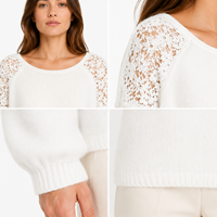 Pull en laine 100 % sans couture OEM pour femme, avec épaules en dentelle, manches lanternes ajourées, 4 couleurs