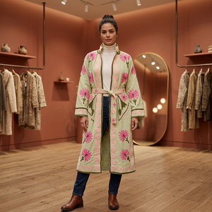Abrigo de tela TNT Suzani bordado a mano para mujer, color verde claro, con motivos florales de corazones, chaqueta larga tipo duster, abierta por delante, con cinturón, estilo kimono. - Product Image 2